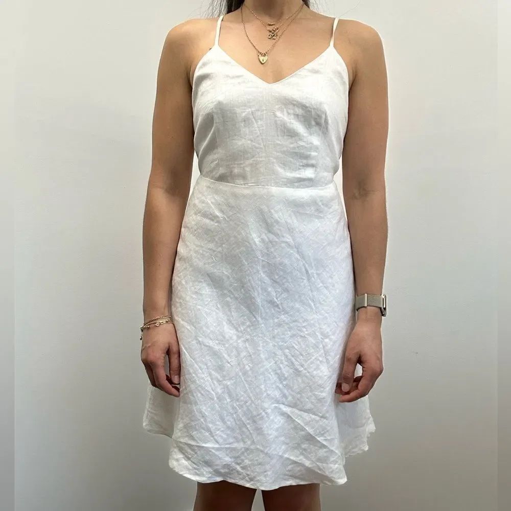 Azulu White Linen Open back Cross Strappy Back Mini Dress A-line Skirt Size 2 - Picture 2 of 12